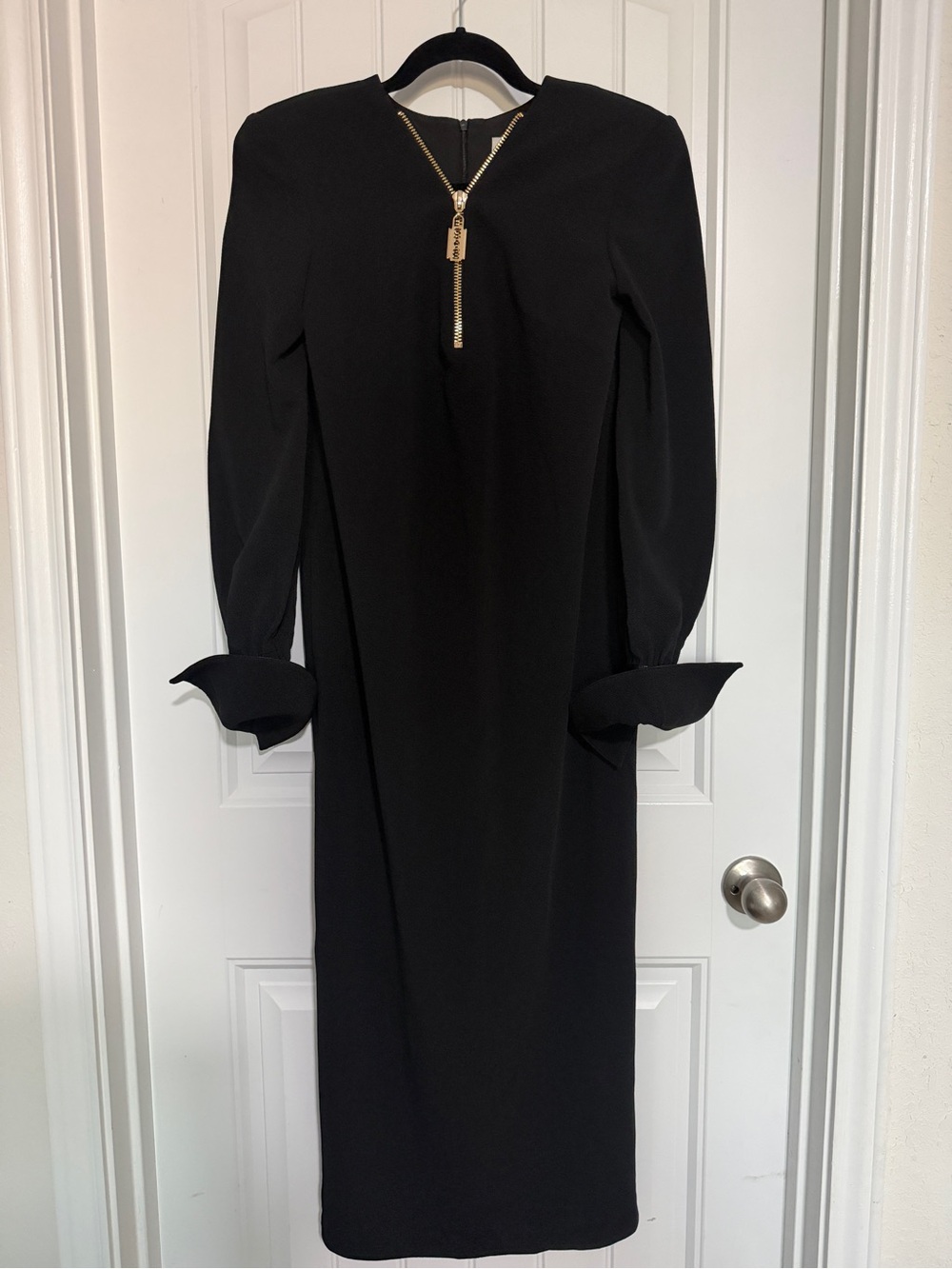NWT Julia Allert Black Midi Dress Gold Zip Statement Cuffs S
